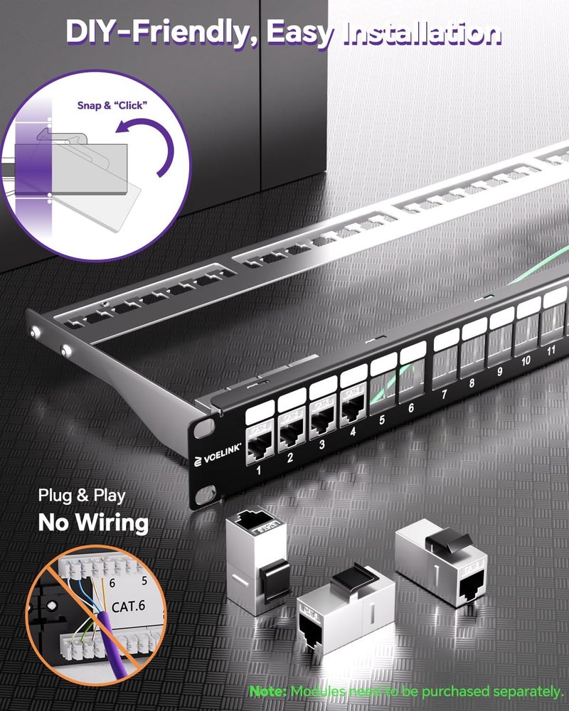 VCELINK 24-Port All Metal Blank Keystone Shielded Patch Panel, 1U Rackmount Housing with Cable Management Bar and Ground Wire, Compatible with RJ45, HDMI, and Blank Keystone, 19 Inch - Image 2